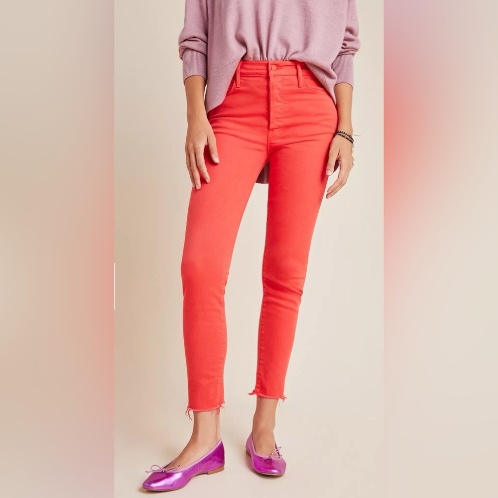 MOTHER The Stunner Ankle Fray Skinny Jeans in Tomato
